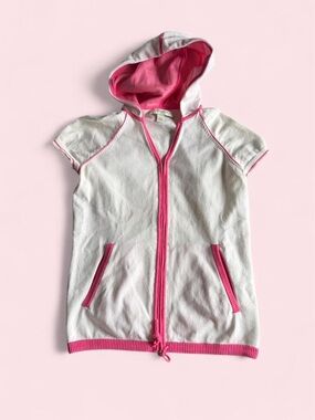 Liz Claiborne White Hooded Short-Sleeve Zip Top with Pink Trim